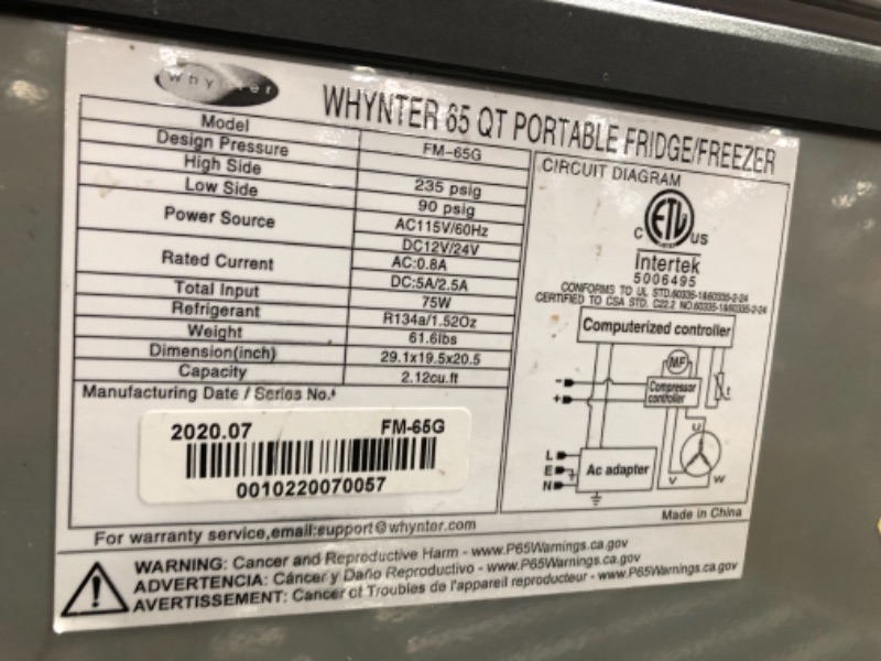 Photo 7 of (POWER CORD MISSING)
hynter FM-65G 65 Quart Portable Refrigerator, AC 110V/ DC 12V True Freezer for Car, Home, Camping, RV-8°F to 50°F, One Size, Gray
