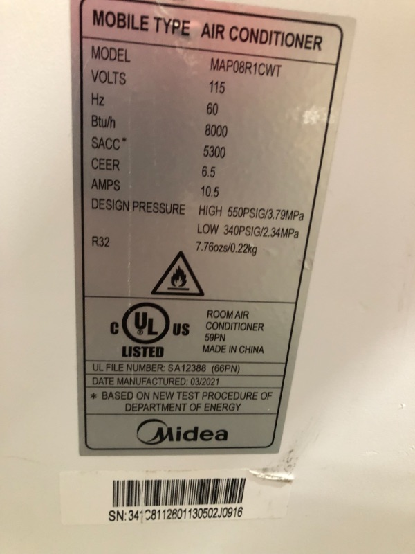 Photo 4 of DAMAGED Midea 8,000 BTU DOE (5,300 BTU SACC) Portable Air Conditioner, Cools up to 175 Sq. Ft., Works as Dehumidifier & Fan, Remote Control & Window Kit Included
