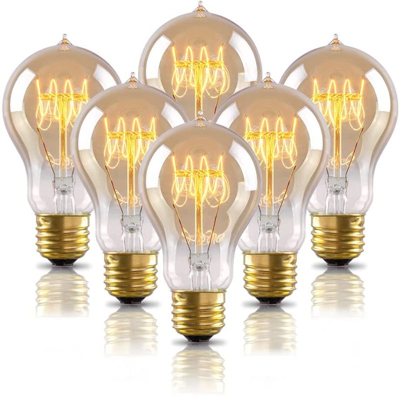 Photo 1 of 6-Pack Edison Light Bulb 60W, A19 Vintage Incandescent Light Bulbs, Dimmable, E26, 2100K Warm White, 240 Lumens, Amber Glass
