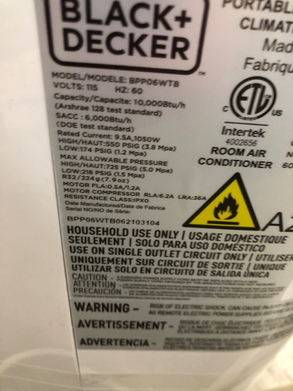 Photo 1 of BLACK+DECKER 10,000 BTU Portable Air Conditioner with Remote Control, White
