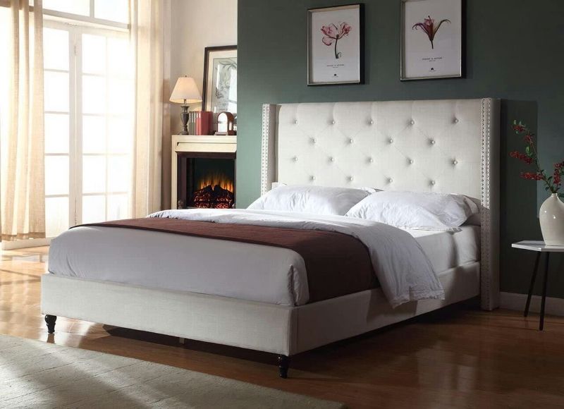 Photo 1 of **INCOMPLETE BOX 1 OF 2**
Home Life Premiere Classics Cloth Light Beige Cream Linen 51" Tall Headboard Platform Bed with Slats Queen - Complete Bed