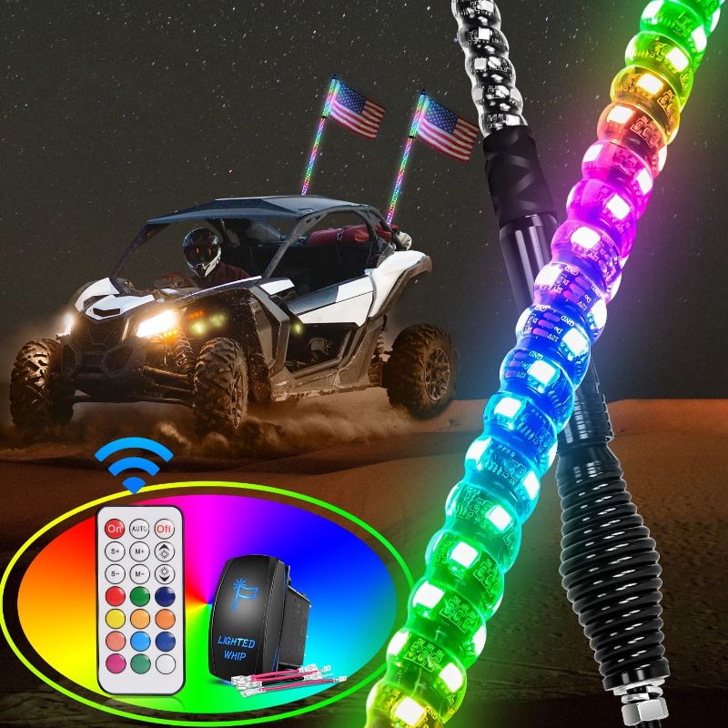 Photo 1 of ***PARTS ONLY*** Nilight 2PCS 3FT Spiral RGB Led Whip Light with Spring Base Chasing Light RF Remote Control Lighted Antenna Whips for Can-Am ATV UTV RZR Polaris Dune Buggy Offroad Truck
