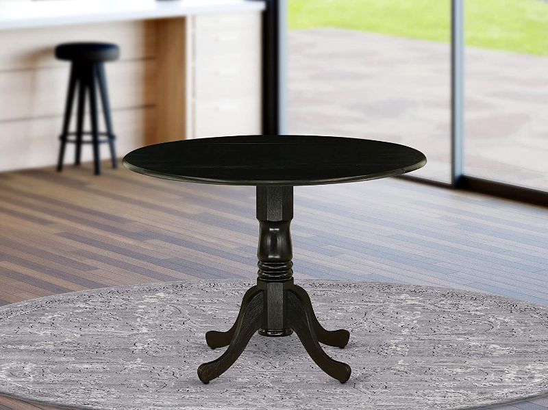 Photo 1 of ****INCOMPLETE BOX 1 OF 2****
East West Furniture DLT-ABK-TP Dublin Dining Table Made of Rubber Wood with Two 9 Inch Drop Leaves, 42 Inch Round, Wirebrushed Black Finish
**LEGS ONLY** 
