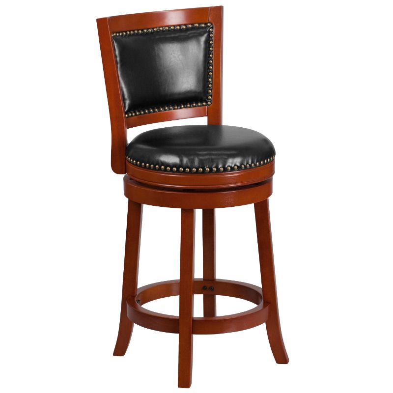 Photo 1 of 26'' High Light Cherry Wood Counter Height Stool with Black Leather Swivel Seat
