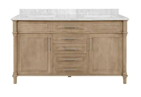 Photo 1 of *INCOMPLETE CABINET ONLY* Aberdeen 60 in. x 22 in. D Bath Vanity in Antique Oak with Carrara Marble Vanity Top in White with White Basins
