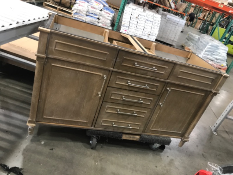 Photo 2 of *INCOMPLETE CABINET ONLY* Aberdeen 60 in. x 22 in. D Bath Vanity in Antique Oak with Carrara Marble Vanity Top in White with White Basins
