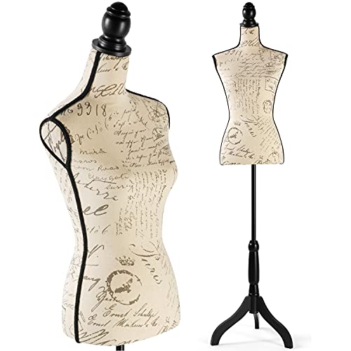 Photo 1 of Female Dress Form Mannequin Adjustable Height Black Tripod Stand Woman Body Torso Clothing Display (Beige Printing)
