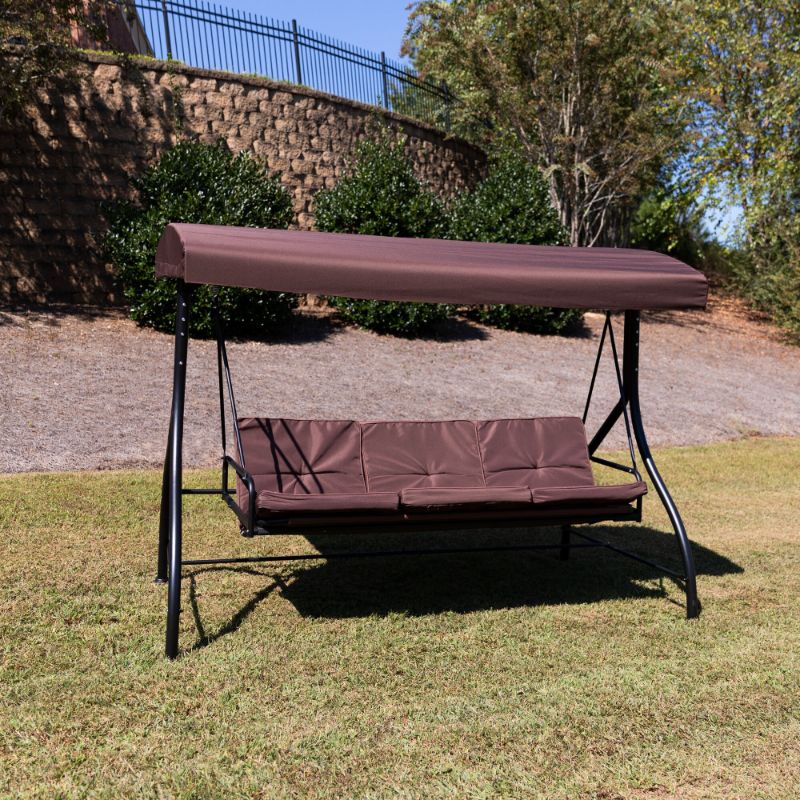 Photo 1 of 3-Seat Outdoor Steel Converting Patio Swing Canopy Hammock with Cushions / Outdoor Swing Bed (Brown) 