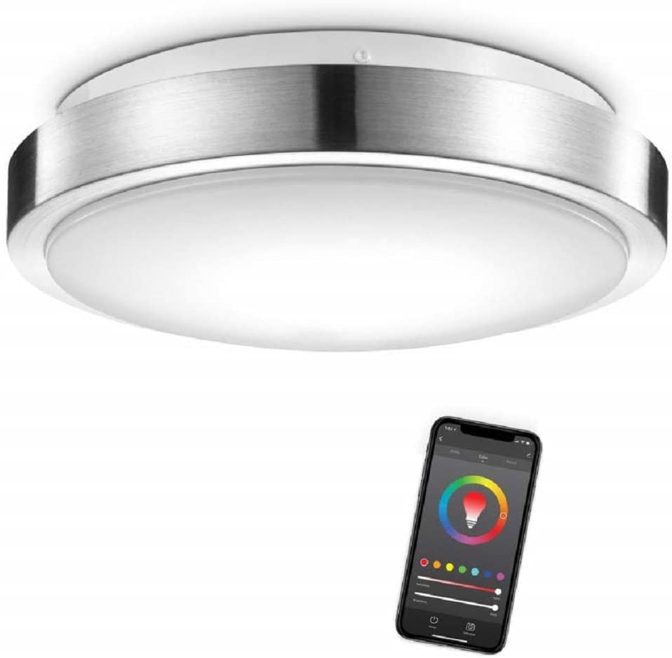 Photo 1 of Globe Electric 60839 Wi-Fi Smart 11" Flush Mount Ceiling Light, Brushed Nickel, No Hub Required, Energy Star, 16 Watts, Multicolor RGB, Tunable White, 1120 Lumens, 50,000 Hours, 80 CRI , Silver
