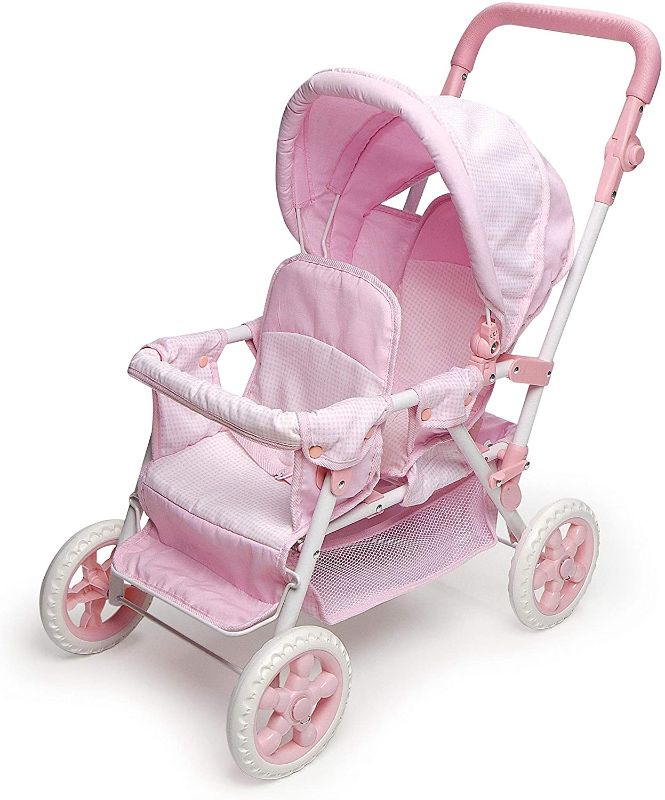 Photo 1 of Badger Basket Folding Double Front-to-Back Doll Stroller (fits American Girl Dolls), Pink/White
