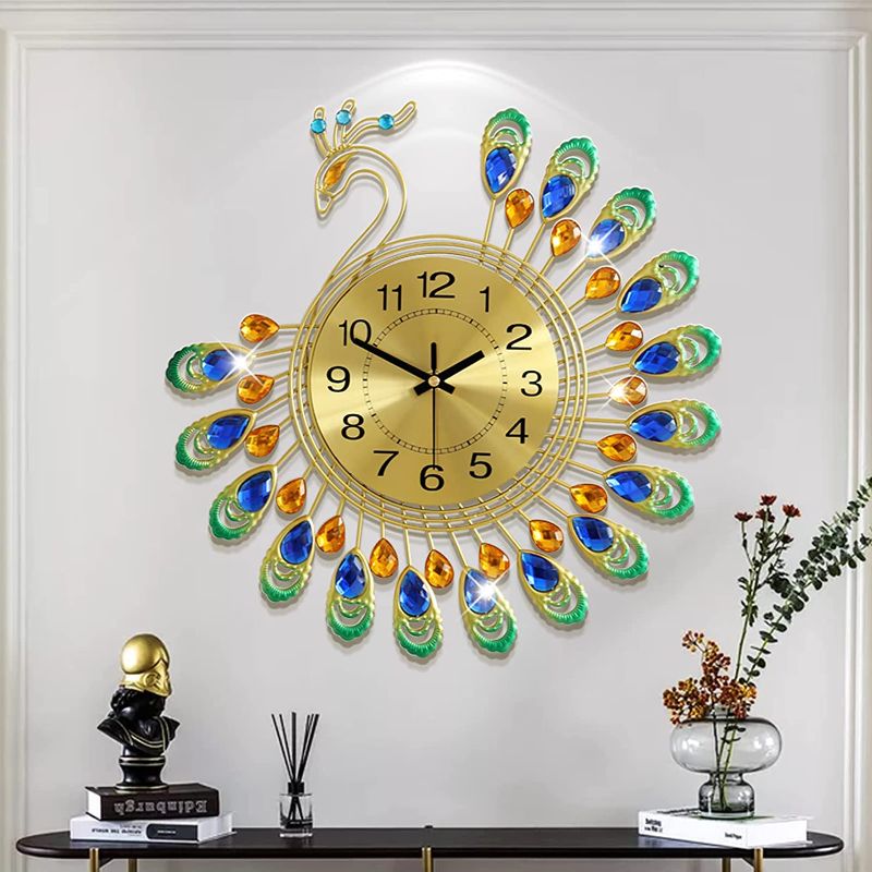 Photo 1 of FLEBLE Large Wall Clocks for Living Room Decor Gold Decoration Wall Clock Silent Battery Operated Non Ticking for Bedroom Kitchen 14 Inch Retro Peacock Crystal Wall Watch Quartz