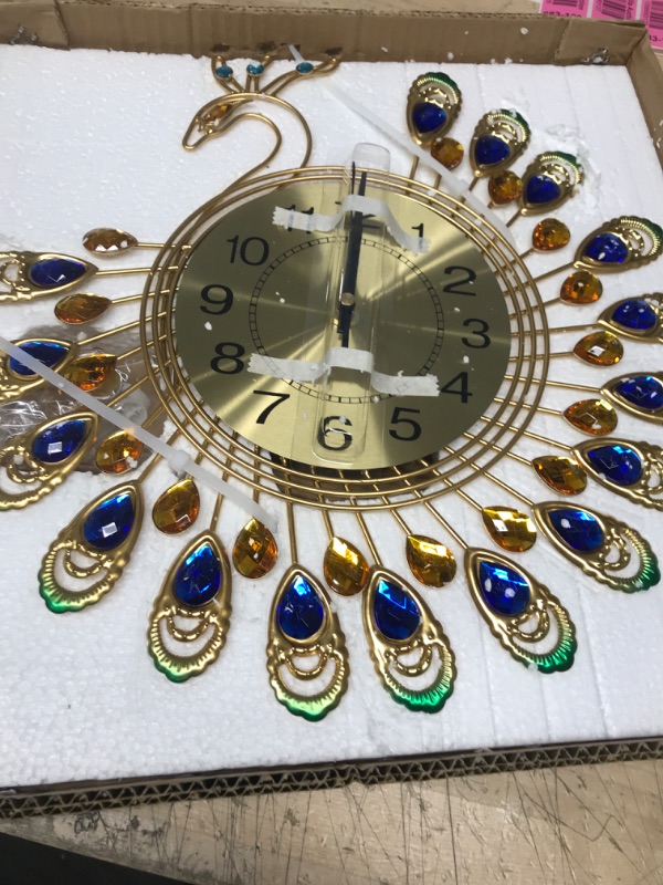 Photo 2 of FLEBLE Large Wall Clocks for Living Room Decor Gold Decoration Wall Clock Silent Battery Operated Non Ticking for Bedroom Kitchen 14 Inch Retro Peacock Crystal Wall Watch Quartz