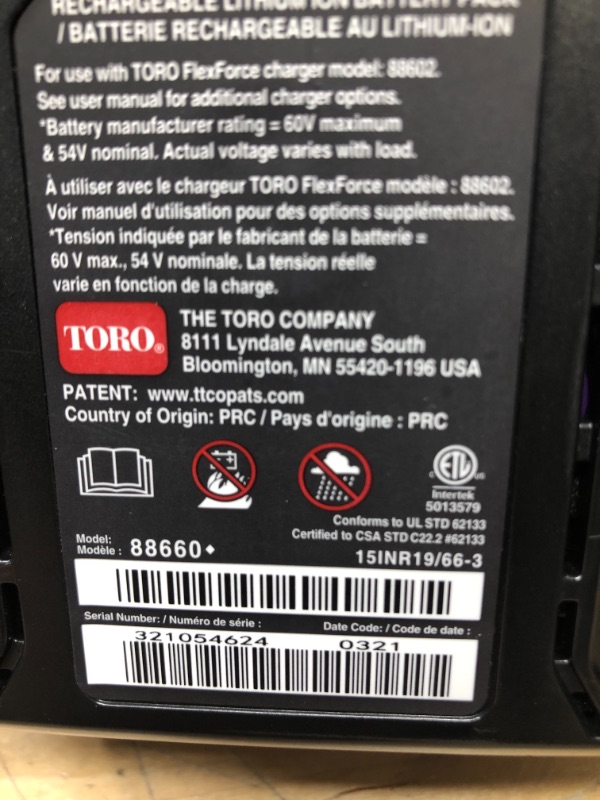 Photo 6 of Toro
Flex-Force Power System 60-Volt Max 6.0 Ah Lithium-Ion L324 Battery and Charger
