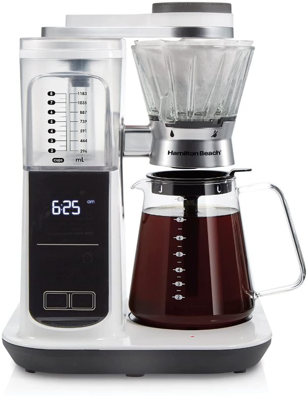 Photo 1 of Hamilton Beach Craft Programmable Automatic Coffee Maker Brewer or Manual Pour Over Dripper with 5 Strengths and Integrated Scale, 8 Cups, Includes Cone Filter Set, White (46700)
