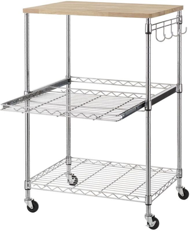 Photo 1 of ***PARTS ONLY*** Finnhomy 3-Tier Wire Rolling Kitchen Cart, Food Service Cart, Microwave Stand, Oak Cutting Board and Chrome