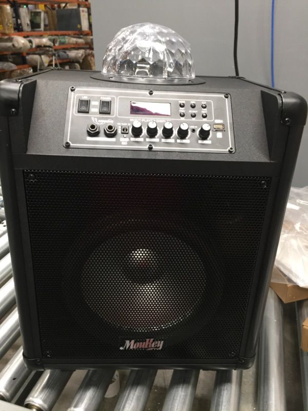 Photo 4 of **PARTS ONLY** Moukey Karaoke Speaker Machine, 540W Bluetooth 5.0 Portable System PA Stereo, 10" Subwoofer,Colorful Lights,Rechargeable Battery,2 VHF Microphones, Recording Function,MP3/USB/TF/FM Radio-MTs10-4  ***Screen does not work***