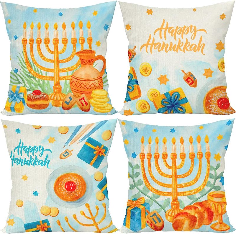 Photo 1 of FARMNALL Linen Hanukkah Throw Pillow Covers 18x18 Set of 4 Chanukkah Decorations Hanukkah Menorah Decor Hanukkah Decorations and Supplies for Home Office
