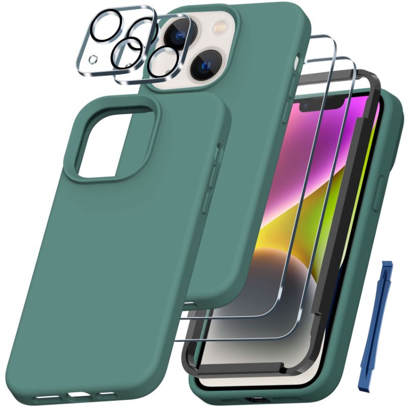 Photo 2 of QHOHQ [5 in 1] for iPhone 14 Plus Case, with 2X Screen Protector + 2X Camera Lens Protector, Soft Silicone Military Shockproof Slim Thin Phone Case 6.7 Inch for Men and Women, Midnight Green and QHOHQ [5 in 1] for iPhone 14 Plus Case, with 2X Screen Prote