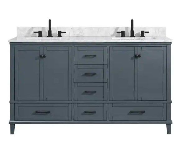 Photo 1 of ***FAUCETS ARE NOT INCLUDED*** Home Decorators Collection Merryfield 61 in. W x 22 in. D Bath Vanity in Dark Blue-Gray with Marble Vanity Top in Carrara White with White Basin- 