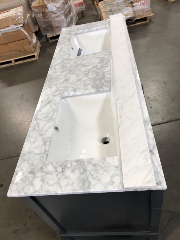 Photo 3 of ***FAUCETS ARE NOT INCLUDED*** Home Decorators Collection Merryfield 61 in. W x 22 in. D Bath Vanity in Dark Blue-Gray with Marble Vanity Top in Carrara White with White Basin- 