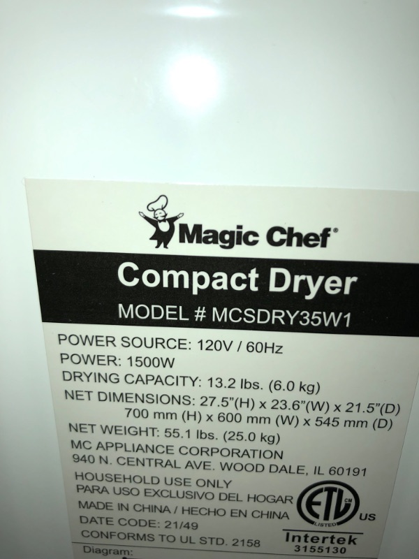 Photo 6 of Magic Chef 3.5 cu. ft. White Compact Electric Dryer