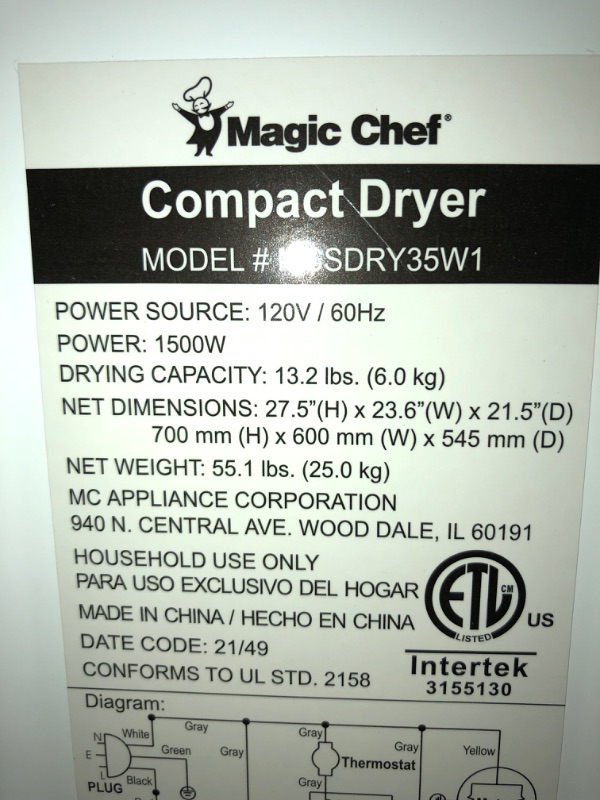 Photo 3 of Magic Chef 3.5 cu. ft. White Compact Electric Dryer