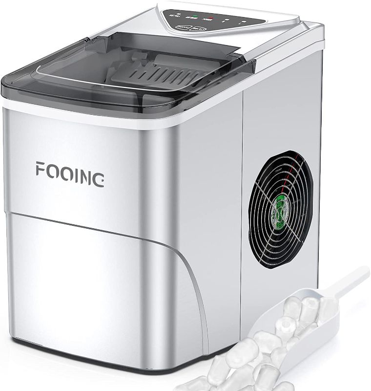 Photo 5 of (USED, MINOR DAMAGE)FOOING Ice Maker Countertop, Self-Cleaning Function, 26lbs 24Hrs, 9 Cubes Ready in 7mins with LED Display for Parties Mixed, Portable Ice Cube Maker with Ice Scoop and Basket (Silver)
