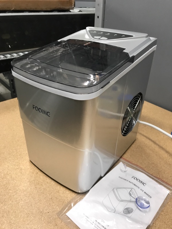Photo 1 of (USED, MINOR DAMAGE)FOOING Ice Maker Countertop, Self-Cleaning Function, 26lbs 24Hrs, 9 Cubes Ready in 7mins with LED Display for Parties Mixed, Portable Ice Cube Maker with Ice Scoop and Basket (Silver)
