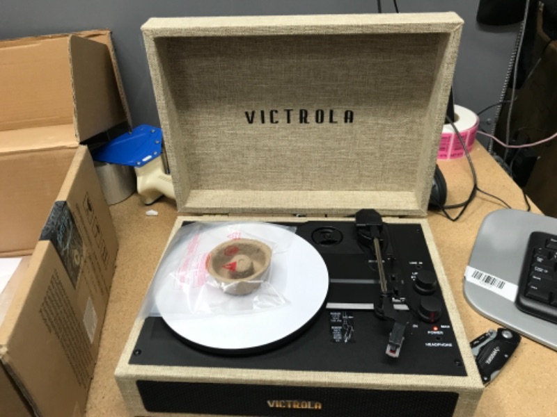 Photo 3 of Victrola Parker Bluetooth Suitcase Record Player with 3-Speed Turntable, Light Beige (VSC-580BT-LBB)
