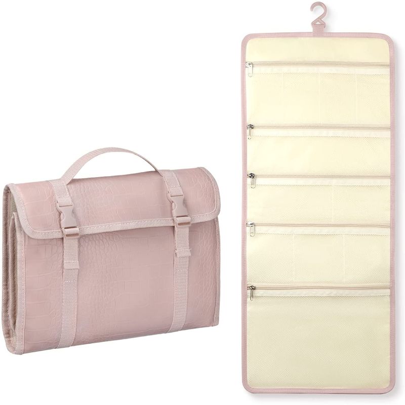 Photo 1 of Rempry Hanging Travel Toiletry Bag, Portable Makeup Cosmetic Bags Multi-Compartment for Travel Accessories Organizer, Bathroom Shower, Crocodile Pink, 2 pack 
