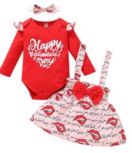 Photo 1 of Baby Girls Valentine's Day Outfits Toddler Princess Ruffle Sleeve Romper Bow Suspenders Skirt 3pcs Clothing Set
3-6 month
