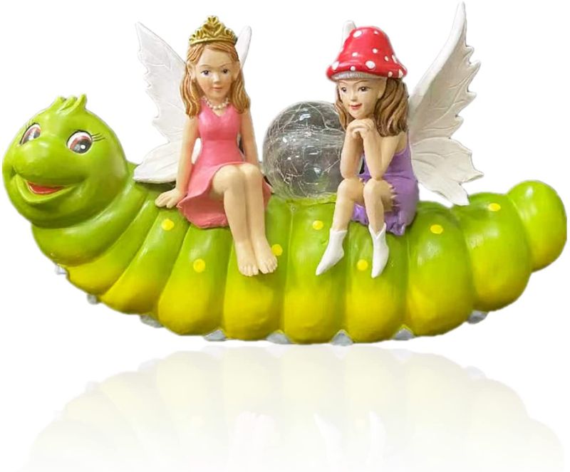 Photo 1 of Decorative Adorable Caterpillar & Fairy Garden Statue w Solar Powered LED Lights - Solar Garden Statue Outdoor Decor - Fairy Resin Statue for Patio, Lawn, Yard Art Decoration, Housewarming Garden Gift
