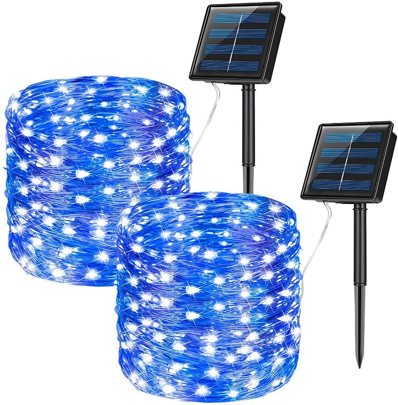 Photo 1 of KPafory Solar String Lights Outdoor,2 Pack Waterproof Solar Fairy Lights 72FT 200LED 8 Modes Copper Wire Lights for Patio Yard Trees Christmas Wedding Banquet Garden Decorations,Blue
