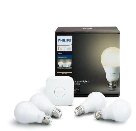 Photo 1 of White A19 LED 60W Equivalent Dimmable Smart Wireless Lighting Starter Kit (4 Bulbs and Bridge)
