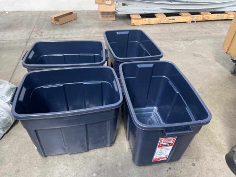 Photo 2 of **INCOMPLETE**Rubbermaid 18 Gallon Stackable Storage Container, Dark Indigo Metallic (6 Pack)**MISSING 2 TUBS AND ALL LIDS**
