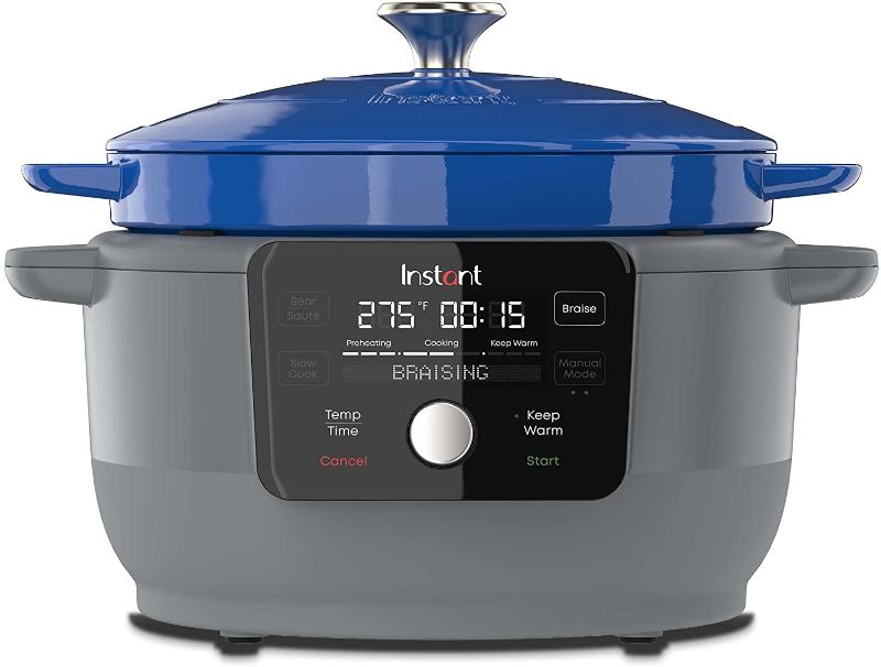 Photo 1 of Instant Electric Precision Dutch Oven, 5-in-1: Braise, Slow Cook, Sear/Sauté, Cooking Pan, Food Warmer, Enamel Coated, Cast Iron, 6-Quart, 1500W, French Blue
