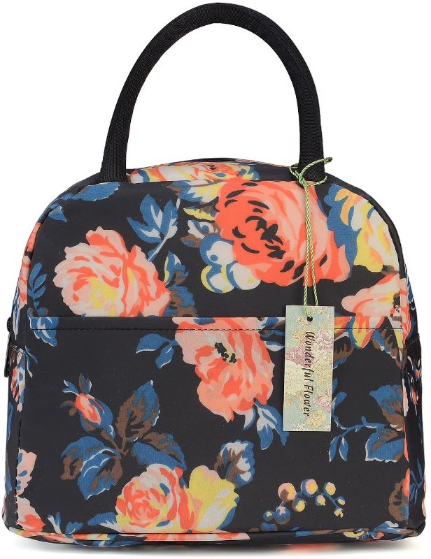 Photo 1 of WONDERFUL FLOWER Reusable Lunch Bag, Lunch Tote for Women, Zip Lunch Box, Insulated Cooler Bag with Front Pocket (G01Dark Navy) + NAIL ART*
