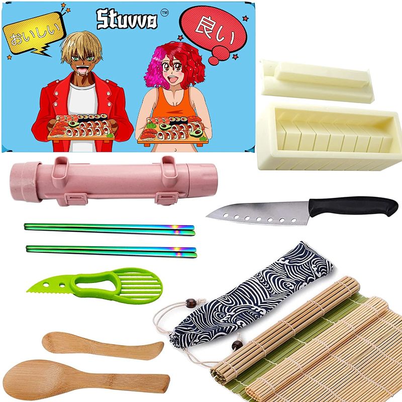 Photo 1 of Stuvvo Anime Sushi Making Kit. All In 1 DIY Sushi Bazooka Kit For Beginners or Professionals. Bamboo Sushi Mat, Heart Mold, Reusable Chopsticks, Rice Paddle, Spreader, Knife. Home Sushi Roller Machine
