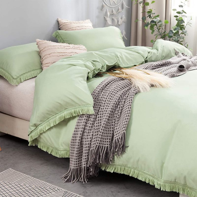 Photo 1 of Nankusa Duvet Cover Full / Queen Size, 100% Washed Microfiber 3 Pieces Tassel Bedding Set, Ultra Soft and Durable with Zipper Closure & Corner Ties (Green, Full / Queen)
