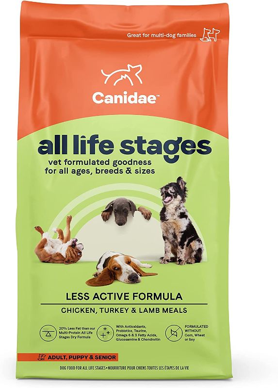 Photo 1 of 
CANIDAE All Life Stages Premium Dry Dog Food for All Breeds, All Ages, Chicken Meal and Rice Formula, 15 Pounds
Flavor Name:Chicken, Turkey, Lamb For Less Active & Seniors
Size:15 Pound (Pack of 1) EXP: 03/06/2023
