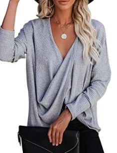 Photo 1 of Ermonn Womens Deep V Neck Wrap Waffle Knit Tops Shirts Long Sleeve Sexy Loose Pullover Sweater, large
