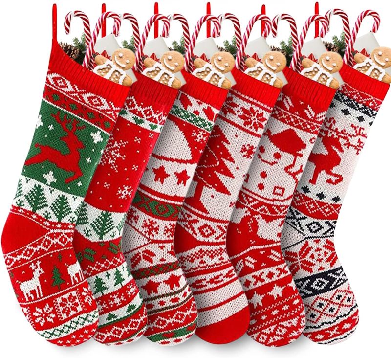 Photo 2 of 2PCK-FLORENCE IISA Knit Christmas Stockings 6 Pack 18 Inch Large Size Xmas Stockings, Classic Cable Knitted Stocking Gifts & Decorations for Family Xmas Party