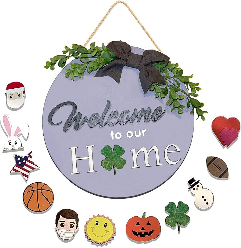 Photo 1 of Ppeller PPeller Welcome Signs Home Decor - Interchangeable Front Door Decorations - Wooden Indoor Outdoor Seasonal Ornaments - Porch Home Decor Housewarming Gifts, Grey, 1.22 x 12.32 x 12.28 in