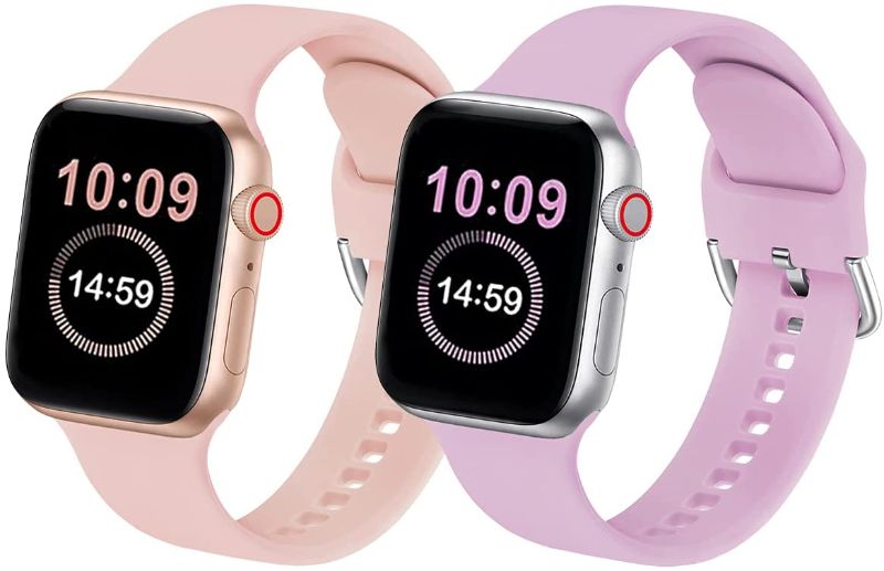 Photo 1 of 5PCK-eCamframe Sport Bands Compatible with Apple Watch Band 42mm 44mm 45mm, 2 Pack Waterproof Silicone Replacement iWatch bands Men Women Compatible with Series 7 6 5 4 3 2 1 & SE(PinkSand+TaroPurple)
