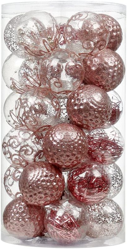 Photo 1 of SLKing Christmas Ball Ornaments Shatterproof, 60mm/2.36" Xmas Plastic Balls Hanging Tree Glittering Balls with Stuffed Decorations 30 Counts Rose Gold
