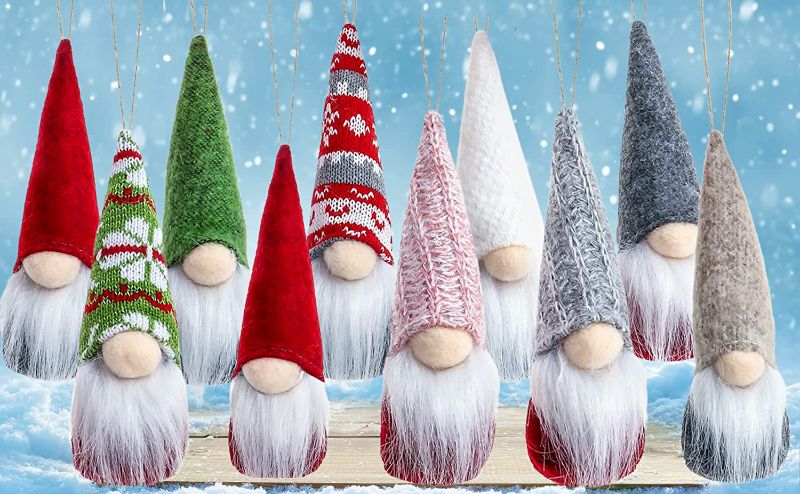 Photo 1 of UNIQOOO 10Pcs Handmade Christmas Tree Hanging Gnome Ornament Decoration Set, with Gift Box, Assorted 10 Soft Plush Swedish Tomte Gnome Figurines, Xmas Santa Dwarf Elf Holiday Home Decor Gift Accessory
