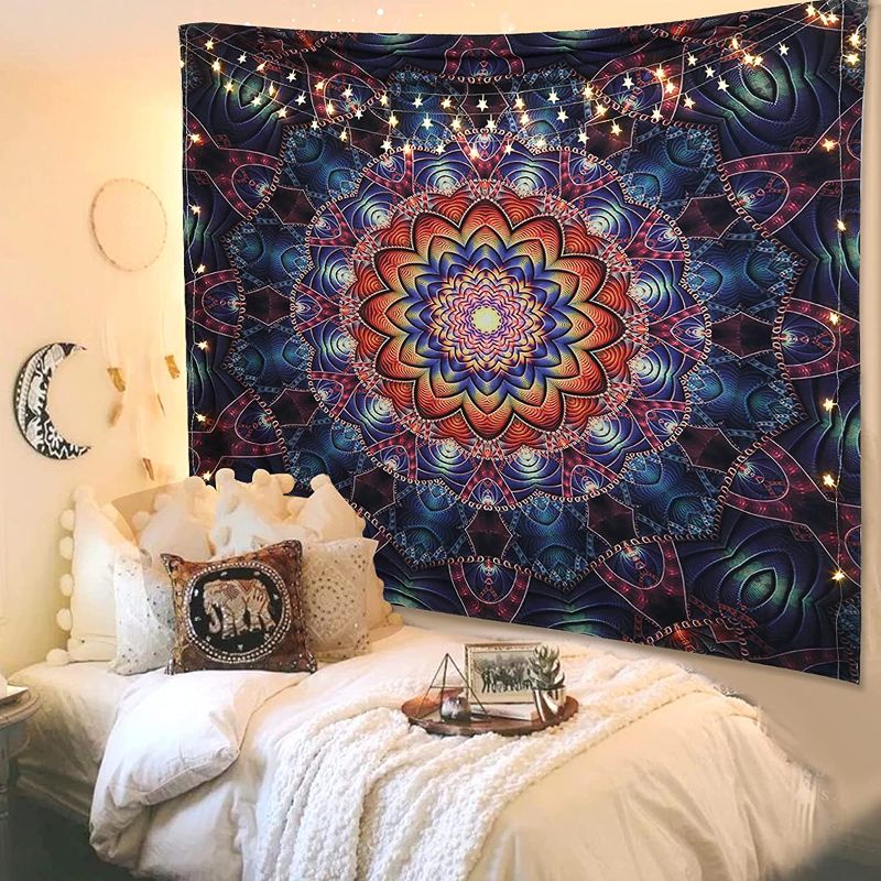 Photo 1 of Large Boho Wall Tapestry Peacock Mandala Tapestries with 6m lights, Thicken Hippie Hanging for Bedroom Decor, 70.8 × 90.5in, Vintage Curtains Posters Decorations
