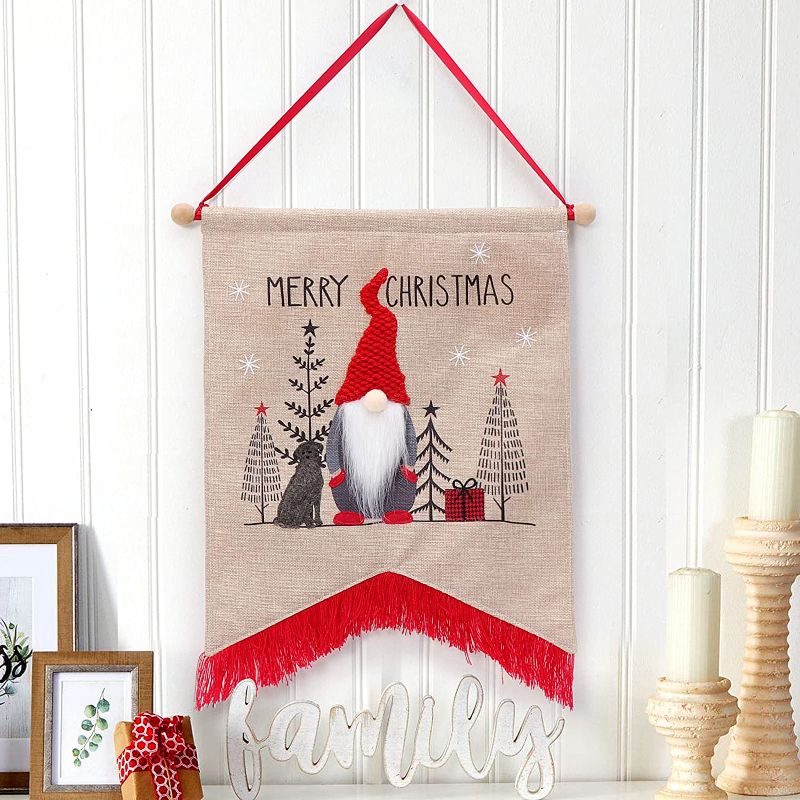 Photo 1 of 3PCK-LEVKIDS Christmas Santa Claus Wall Hanging, Burlap Swedish Gnome Hanging Banner with Tassels, Christmas Welcome Sign Decorations Home Décor
