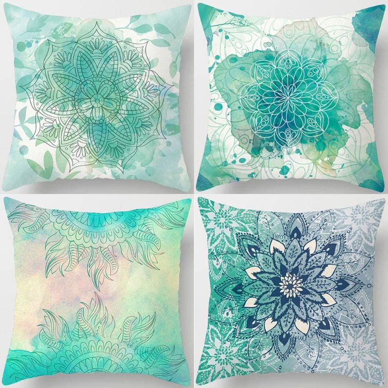 Photo 1 of IcosaMro Green Pillow Covers 18x18, Watercolor Teal Throw Pillow Case Set of 4 Decorative [Cotton Linen] Cushion Cover Room Decor, Green
