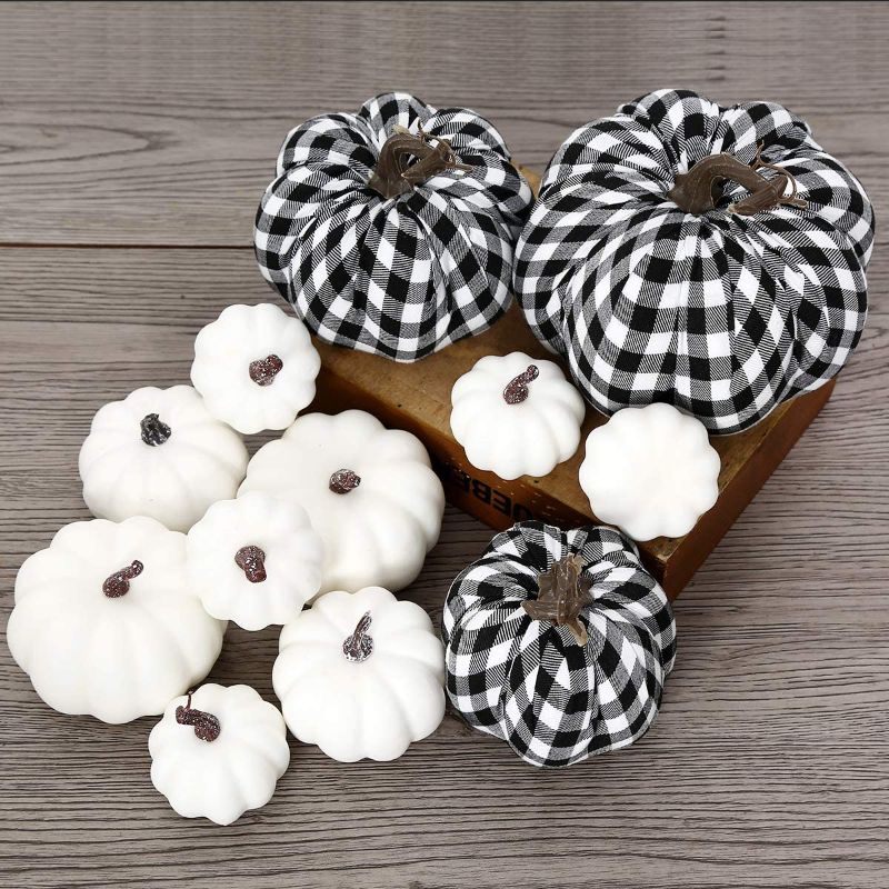 Photo 1 of Leipal 12Pcs White Plaid Artificial Pumpkin Decor for Halloween Thanksgiving Fall Decorations for Home
